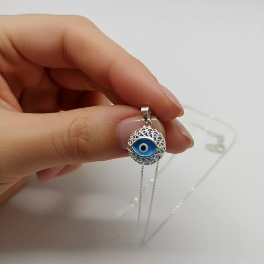 MYSTIC JEWELS - Collar de Mal de Ojo Redondo en Plata de Ley 925 – Amuleto de Protección con Cristal Azul de 10mm – Cadena Ajustable 40-45cm – Joyería para Mujer con Bolsa de Regalo