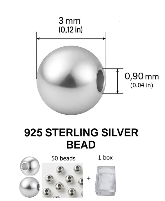 MYSTIC JEWELS - Cuentas de Plata de Ley 925, 3mm, 50 Piezas, Redondas, con Caja, para manualidades, pulseras, collares