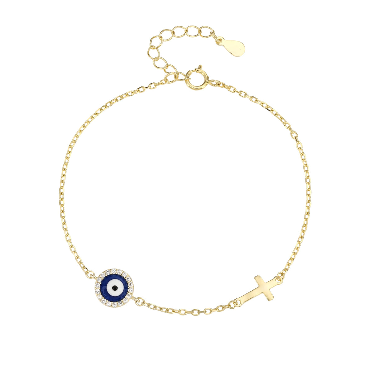 MYSTIC JEWELS – Pulsera de Plata de ley 925 - Bañada en Oro con Cruz y Ojo Turco – Diseño Minimalista con Circonitas – Ajustable 16 + 3 cm