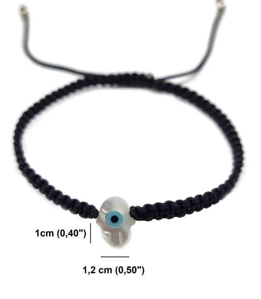 MYSTIC JEWELS By Dalia - Pulsera hilo de macrome Rojo con nácar y ojo turco, para buena suerte, protección Mal de Ojo, Good Luck (Mano - Negro)
