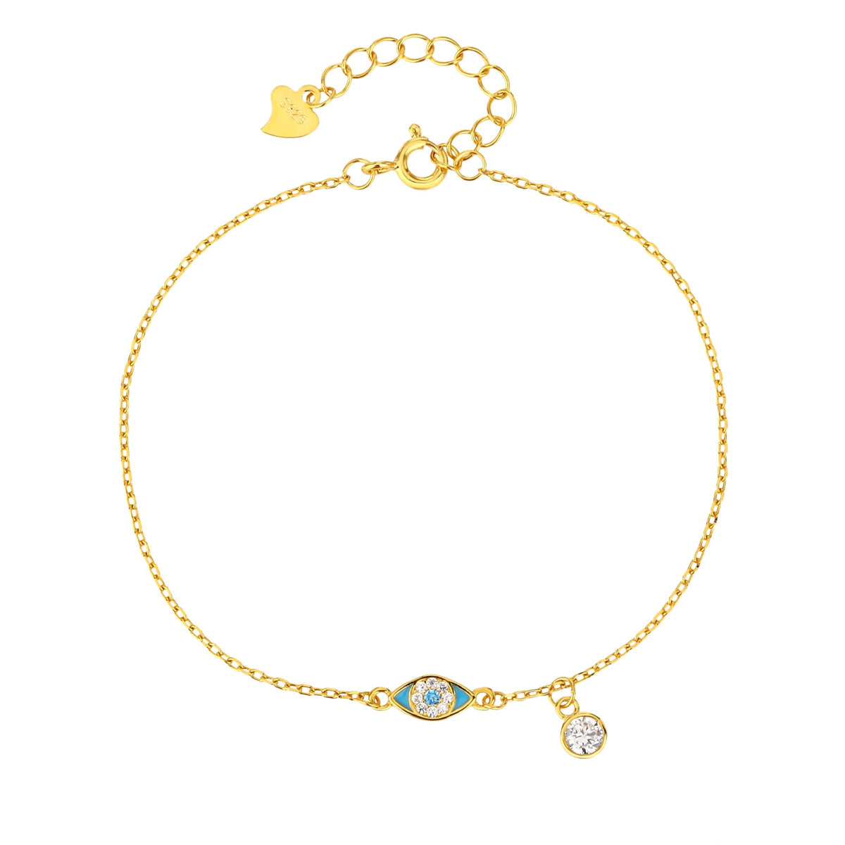 MYSTIC JEWELS - Pulsera de Plata 925 Bañado en Oro con Ojo Turquesa, Circonita Cúbica, Dije Móvil, Ajustable 16+3 cm
