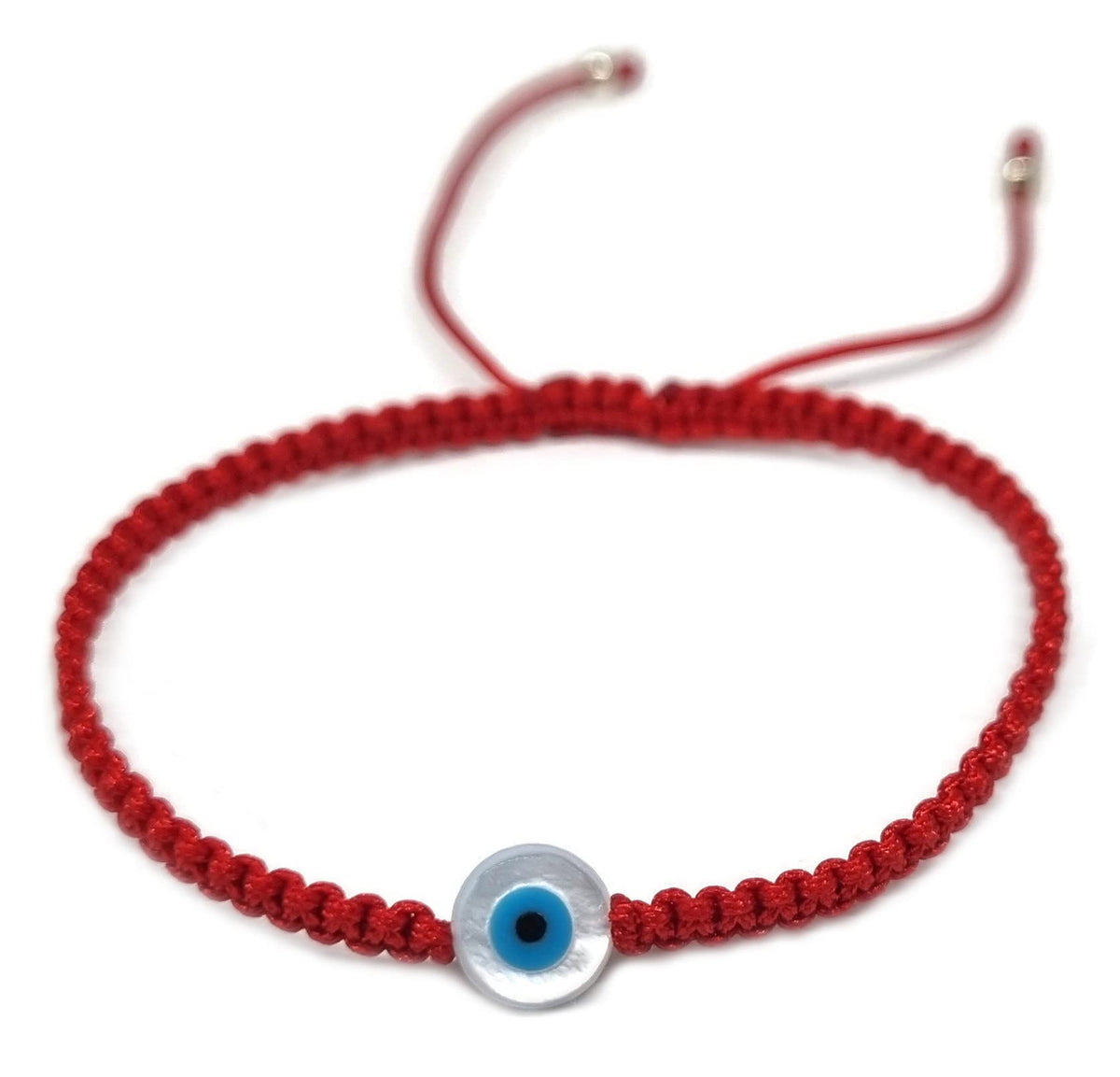 MYSTIC JEWELS By Dalia - Pulsera hilo de macrome Rojo con nácar y ojo turco, para buena suerte, protección Mal de Ojo, Good Luck (Redondo - Rojo)