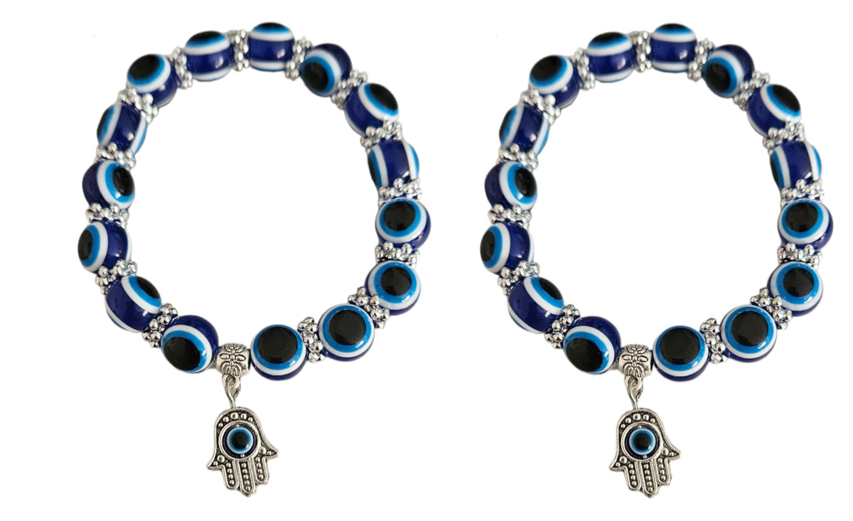 MYSTIC JEWELS - Pulsera Elástica De Protección Contra El Mal De Ojo, 2 Piezas Elásticas Amuleto De La Suerte Hamsa (Mano De Fátima); Blue Eye Bead Bracelets, Unisex Lucky Bracelet
