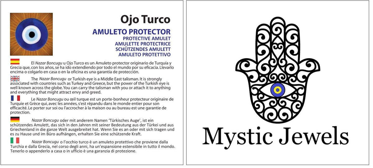 MYSTIC JEWELS - Ojo Turco Grande 12 cm Approx con Agujero, Cristal contra el Mal de Ojo, Azul y Blanco, Encantos de Buena Suerte para Colgar en La Pared (Plateado)