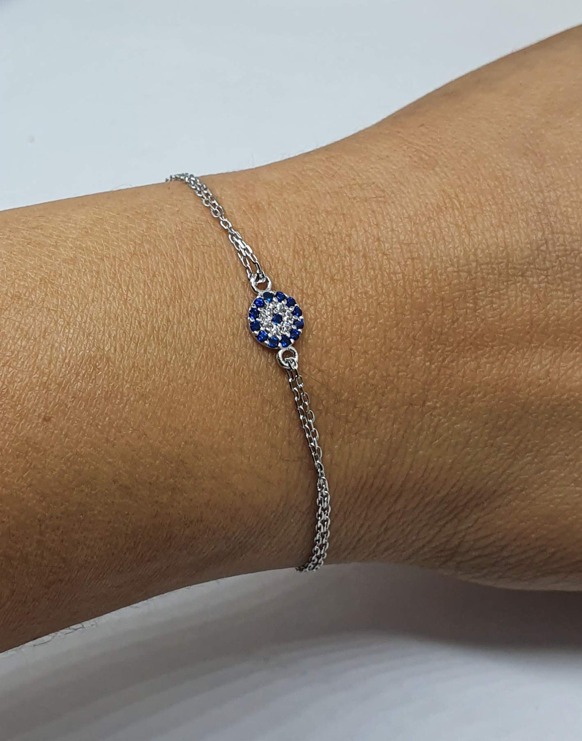 MYSTIC JEWELS by Dalia - Pulsera de Pequeña ojo turco motif circonitas - double cadena 16-18 cm ajustable (Plata)