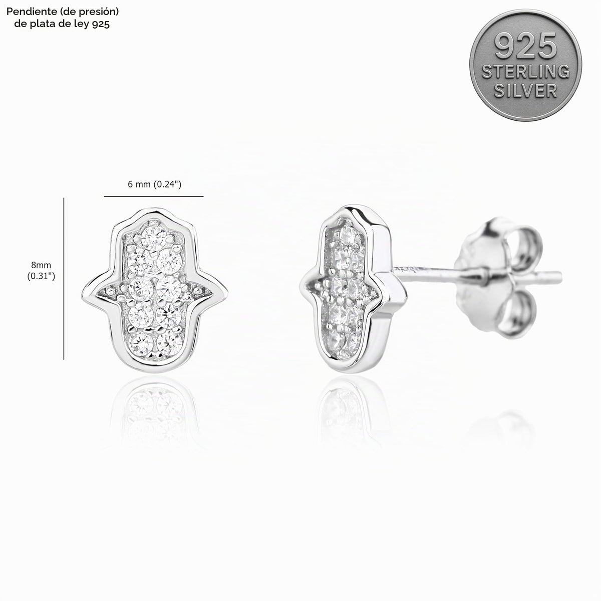 MYSTIC JEWELS - Pendientes Mano de Fátima Plata 925, Mini Hamsa con Circonitas, Antialérgicos, Minimalista, Joyería de Protección, Incluye Caja de Regalo + una pulsera de ojo turco