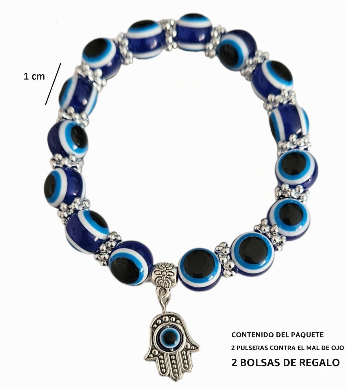 MYSTIC JEWELS - Pulsera Elástica De Protección Contra El Mal De Ojo, 2 Piezas Elásticas Amuleto De La Suerte Hamsa (Mano De Fátima); Blue Eye Bead Bracelets, Unisex Lucky Bracelet