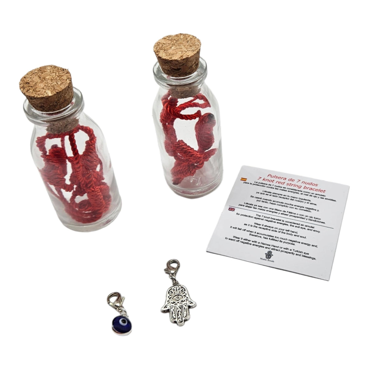 MYSTIC JEWELS - Pulsera de Cuerda Roja con 7 Chakras, Amuleto de Protección y Buena Suerte, Ajustable, Hecha a Mano, para Mujeres y Hombres, Símbolo de Amistad (2 Botellas & 2 Pulseras)