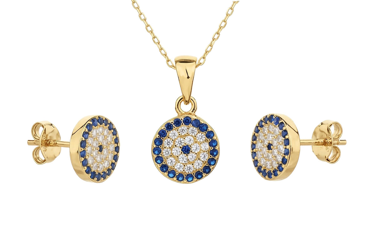 MYSTIC JEWELS - Conjunto de Joyería de Plata de ley 925 - Ojo Turco con Circonitas - Colgante con Cadena y Pendientes