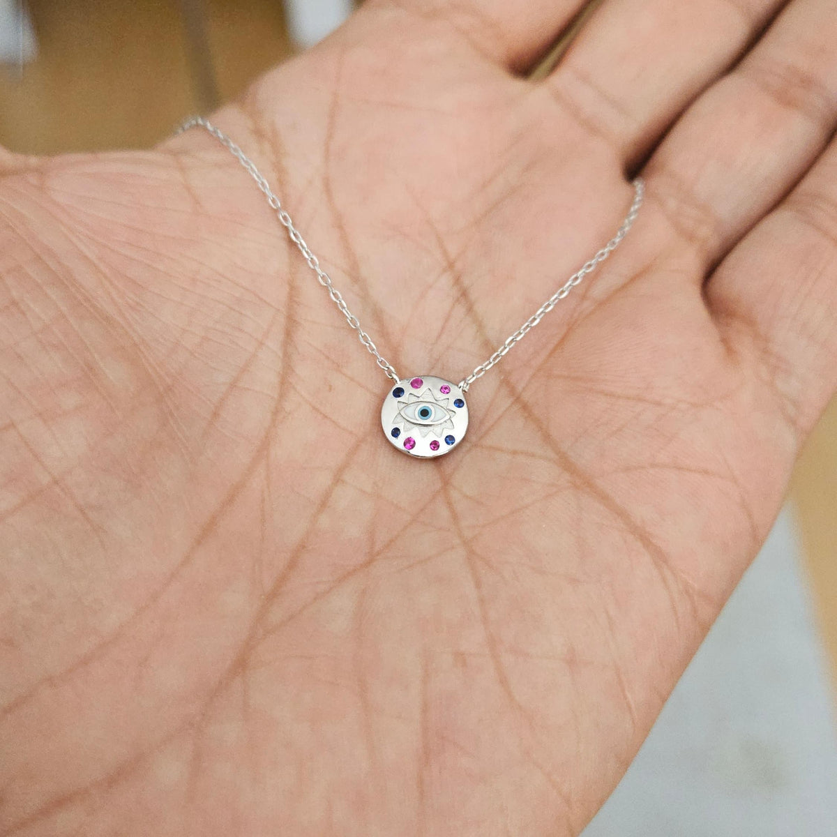 MYSTIC JEWELS – Pulsera Ojo Turco en Plata de Ley 925 con Circonitas Rosas y Azules – Colgante Redondo – 16+3 cm – Joya Minimalista