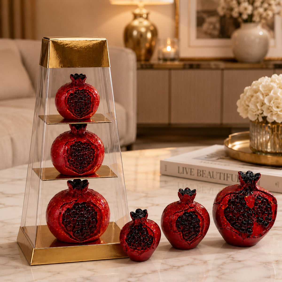 MYSTIC JEWELS - Set de 3 Granadas Decorativas de Cerámica Roja Brillante para Mesa, Estantería y Hogar