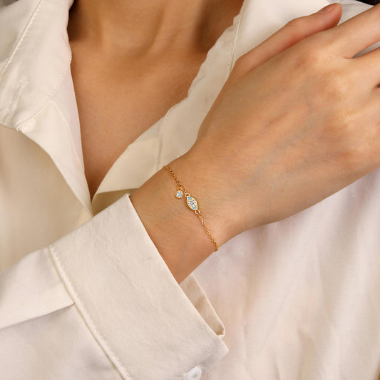 MYSTIC JEWELS - Pulsera de Plata 925 Bañado en Oro con Ojo Turquesa, Circonita Cúbica, Dije Móvil, Ajustable 16+3 cm