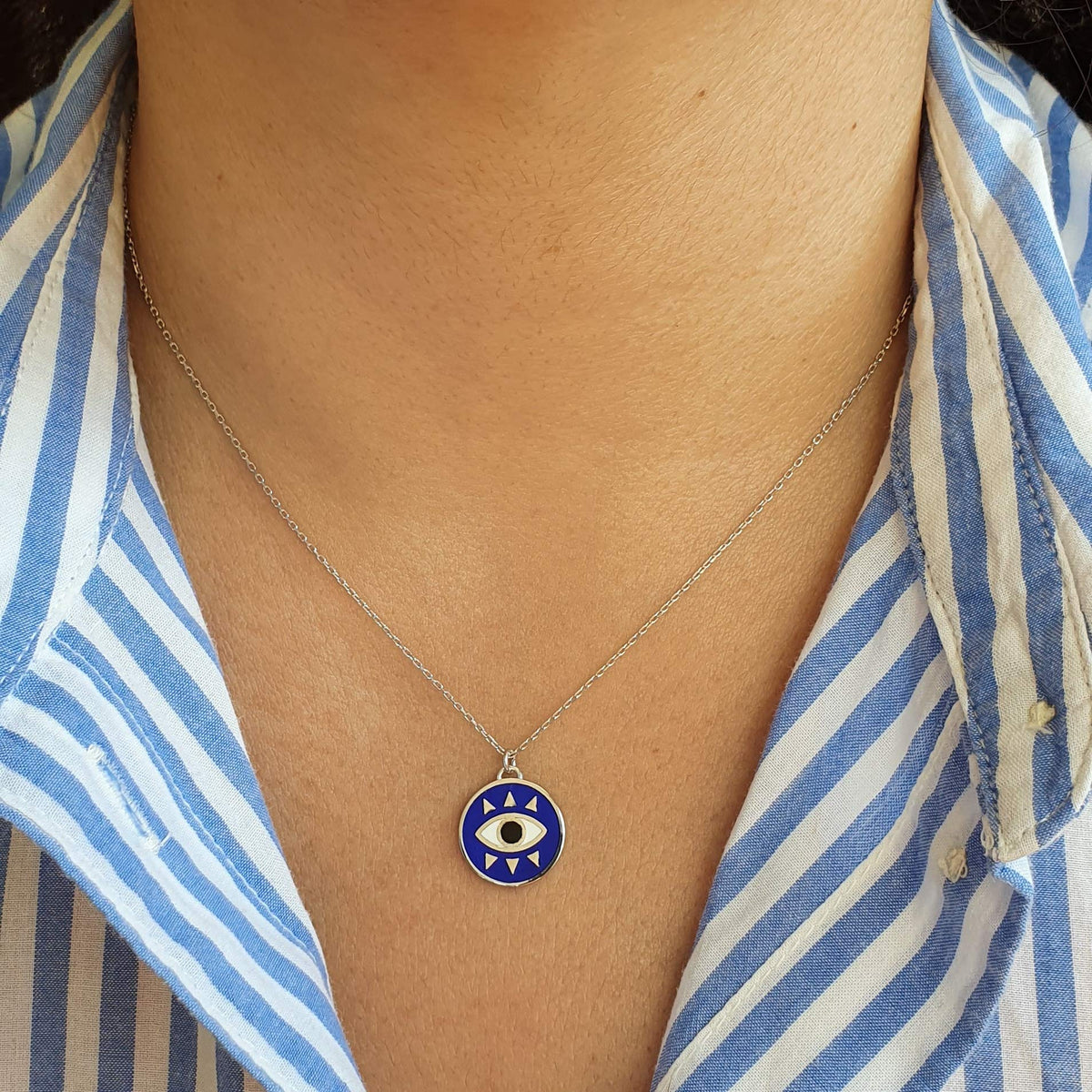 MYSTIC JEWELS by Dalia - Collar Redondo de Ojo Para buene Suerte - Plata de Ley 925 Esmaltada en color azul (Plata 925)