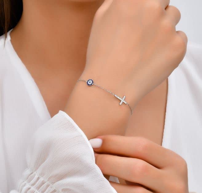 MYSTIC JEWELS By Dalia - Pulsera de plata de ley 925 con mal de ojo y cruz de circonitas para regalar, cumpleaños, año nuevo