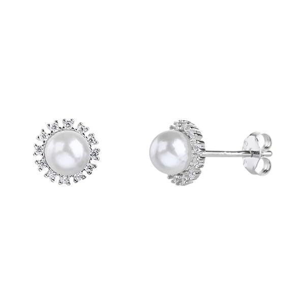 MYSTIC JEWELS - Pendientes de Perla 8 mm con Circonitas en Plata de Ley 925 – Studs Elegantes Minimalistas para Mujer – Cierre de Presión