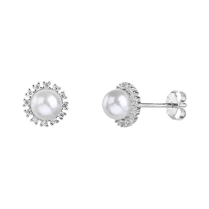 MYSTIC JEWELS - Pendientes de Perla 8 mm con Circonitas en Plata de Ley 925 – Studs Elegantes Minimalistas para Mujer – Cierre de Presión
