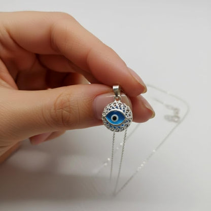 MYSTIC JEWELS - Collar de Mal de Ojo Redondo en Plata de Ley 925 – Amuleto de Protección con Cristal Azul de 10mm – Cadena Ajustable 40-45cm – Joyería para Mujer con Bolsa de Regalo