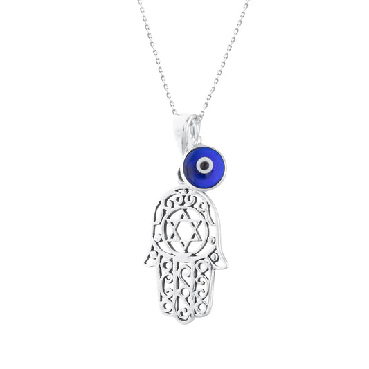 MYSTIC JEWELS By Dalia - Collar Hamsa de Plata de ley 925 con un dije de mal de ojo de 7 mm colgando (Estrella de David)