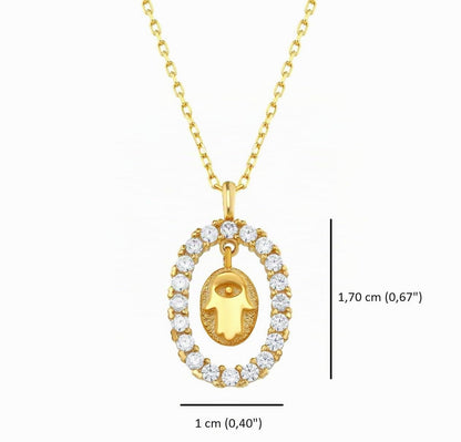 MYSTIC JEWELS - Colgante Mano de Fátima y Mal de Ojo con piedras, Joyeria Plata de Ley 925, minimalista, para Mujeres y Niñas con Caja para regalar