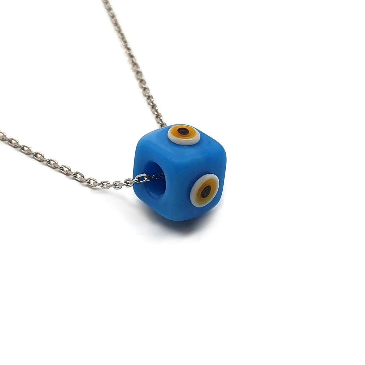 MYSTIC JEWELS by Dalia - Collar Mal de Ojo en forma cubo de Cristal Azul para la Buena Suerte - Cadena Plata de ley 925