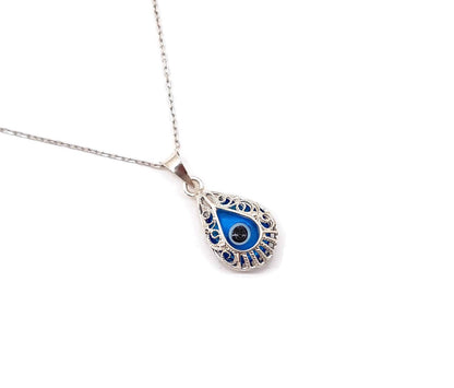 MYSTIC JEWELS - Collar de Mal de Ojo en Plata de Ley 925 - Colgante de Gota con Filigrana Artesanal y Cristal Azul - Amuleto de Protección Ajustable 40-45cm - Joyería Boho para Regalo