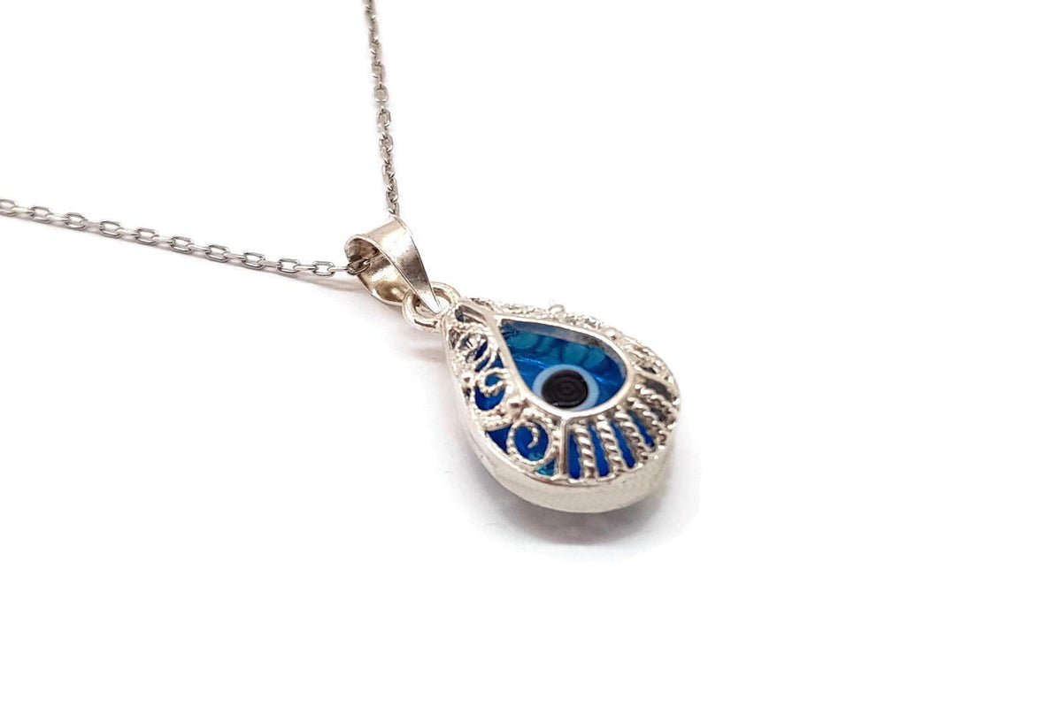 MYSTIC JEWELS - Collar de Mal de Ojo en Plata de Ley 925 - Colgante de Gota con Filigrana Artesanal y Cristal Azul - Amuleto de Protección Ajustable 40-45cm - Joyería Boho para Regalo