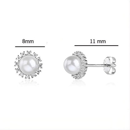 MYSTIC JEWELS - Pendientes de Perla 8 mm con Circonitas en Plata de Ley 925 – Studs Elegantes Minimalistas para Mujer – Cierre de Presión