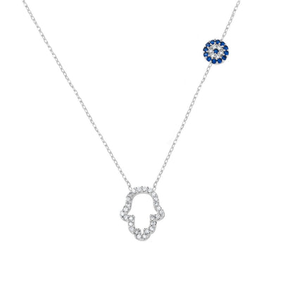 MYSTIC JEWELS - Collar Plata de ley 925, circonita cúbica de Hamsa (Mano de Fátima) y Ojo Turco, mal de ojo turco, proteccion