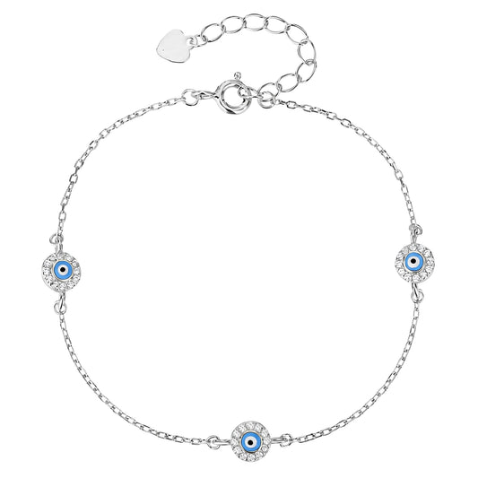 MYSTIC JEWELS - Pulsera Ojo Turco de Plata 925 con Baño de Rodio, 3 Mini Amuletos Evil Eye con Circonitas, Cadena Ajustable 16+3 cm, Joyería de Protección