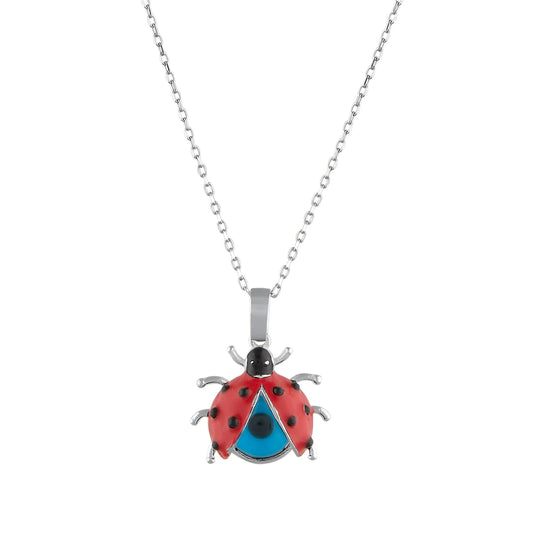 MYSTIC JEWELS By Dalia - Colgante de Plata de Ley 925 con Mariquita Roja y Mal de Ojo de Cristal para Protección y Buena Suerte, Kids, Niñas