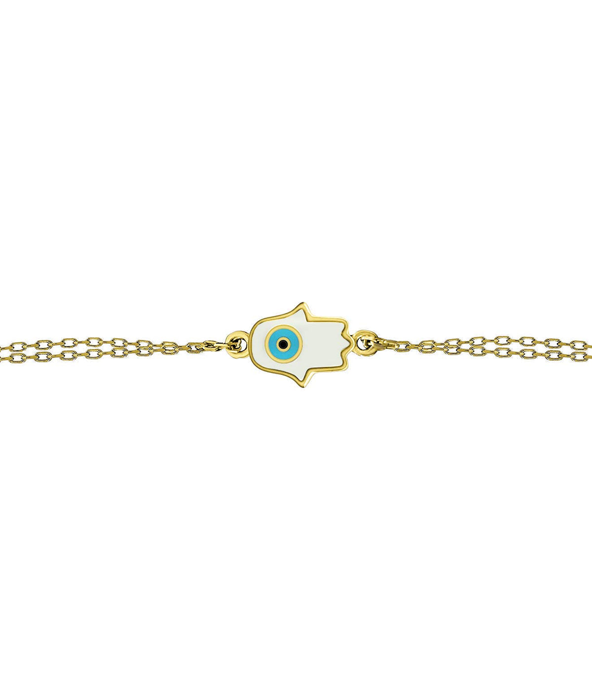 MYSTIC JEWELS By Dalia - Pulsera Esmaltada Mano de Fatima y Ojo Turco- Doble Cadena - Plata de Ley 925 - Minimalista (Dorada)