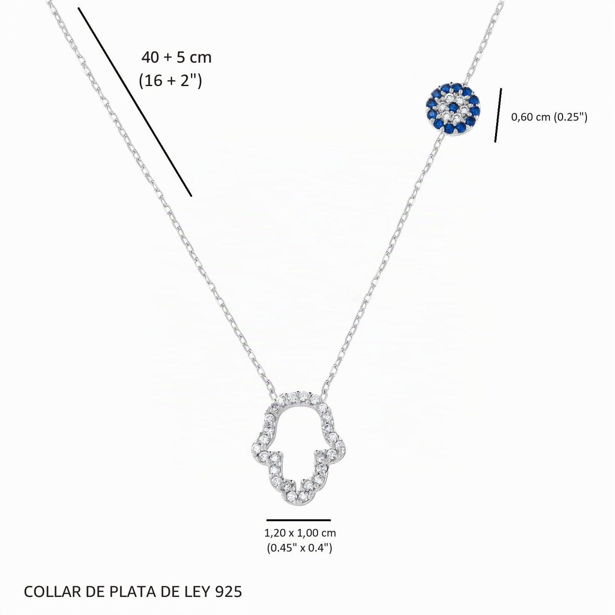 MYSTIC JEWELS - Collar Plata de ley 925, circonita cúbica de Hamsa (Mano de Fátima) y Ojo Turco, mal de ojo turco, proteccion