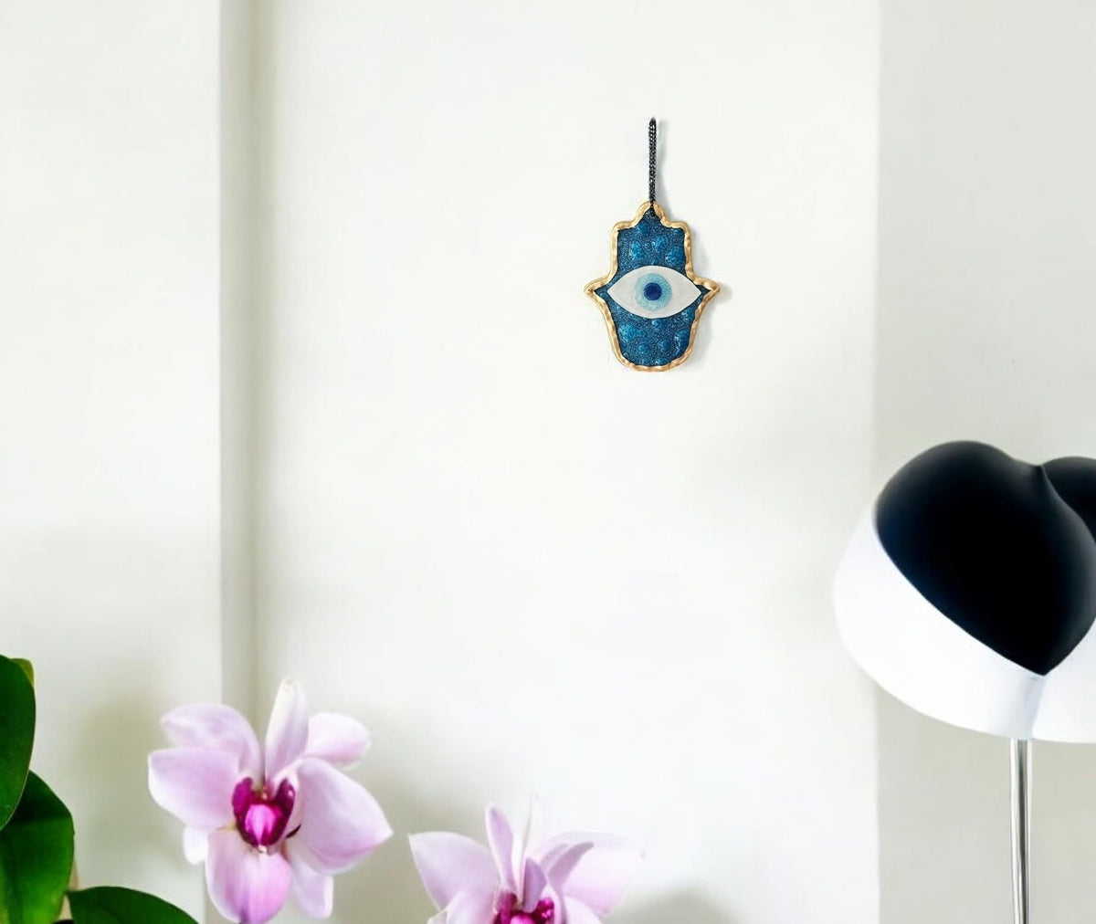 MYSTIC JEWELS - Adorno de Pared Vidrio, Ojo Turco y Mano de Fátima, Azul, Marco Dorado, Tres Tamaños, para Buena Suerte