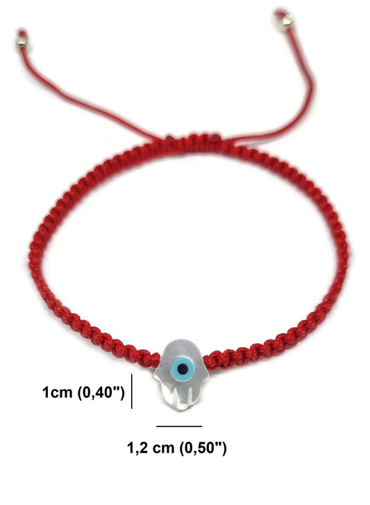 MYSTIC JEWELS By Dalia - Pulsera hilo de macrome Rojo con nácar y ojo turco, para buena suerte, protección Mal de Ojo, Good Luck (Mano - Rojo)