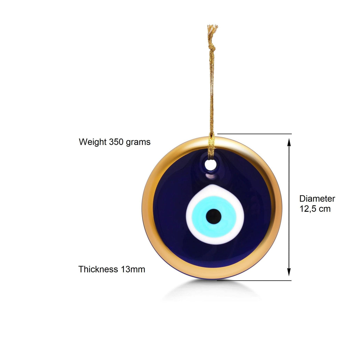 MYSTIC JEWELS - Cristal contra el Mal de Ojo,Azul y Blanco, Ojo Turco Grande 12 cm Approx con Agujero, Encantos de Buena Suerte para Colgar en La Pared (Dorado)