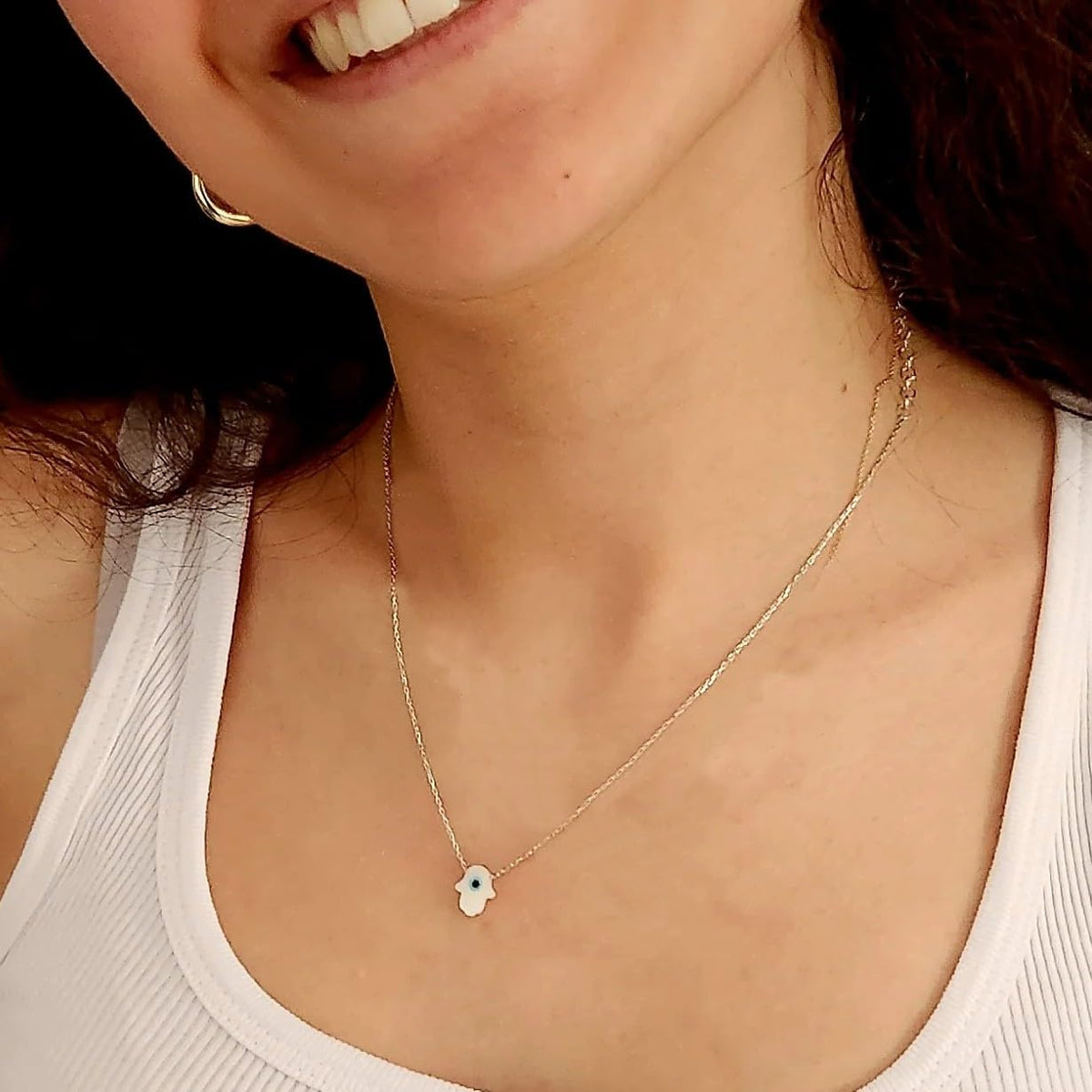 MYSTIC JEWELS - Collar de Mano de Fátima con Madre Perla Sintética en Plata de ley 925