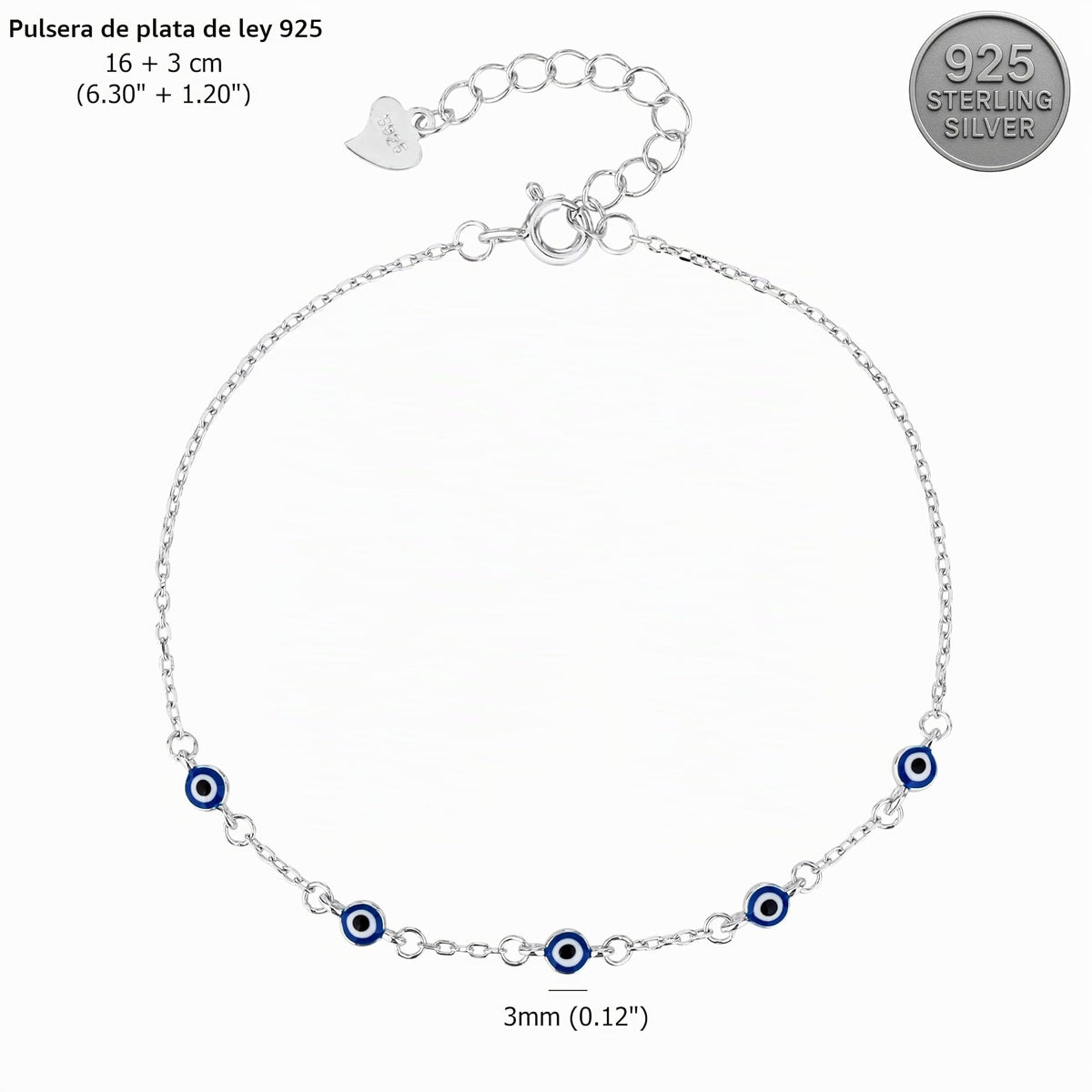 MYSTIC JEWELS - Pulsera Ojo Turco Plata de Ley 925, Mini Evil Eye Azul Marino 3mm, Amuleto de la Suerte, 16 + 3 cm, con bolsita