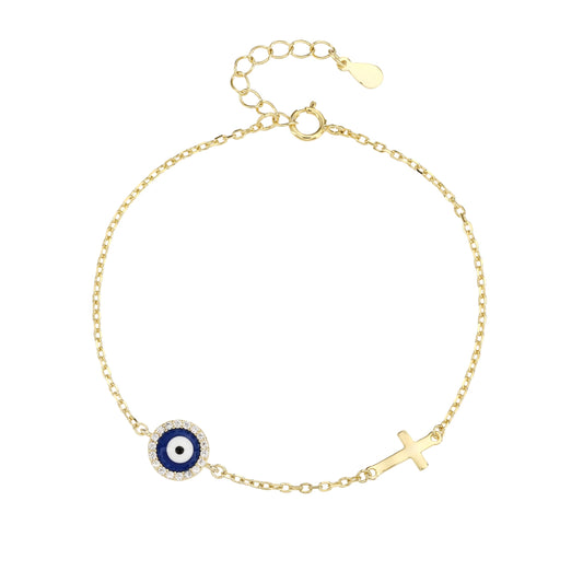 MYSTIC JEWELS – Pulsera de Plata de ley 925 - Bañada en Oro con Cruz y Ojo Turco – Diseño Minimalista con Circonitas – Ajustable 16 + 3 cm