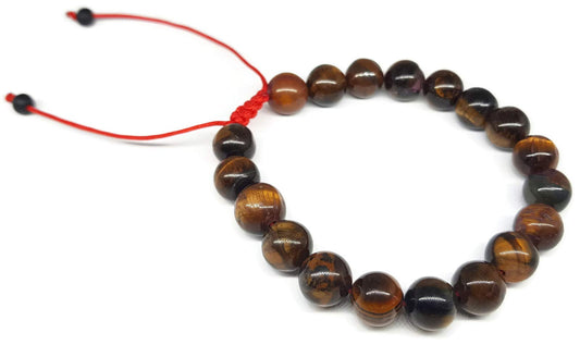 MYSTIC JEWELS By Dalia - Pulsera Chakras 19 Pedazos de Piedra Ojo de Tigre 8mm Lana Roja Ajustable Muñeca de Mala de Rezo Budista Tibetano Unisex Pulsera Bolas