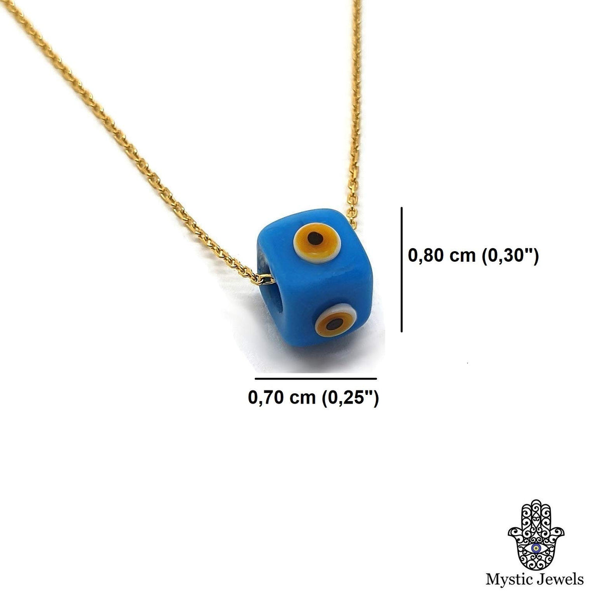 MYSTIC JEWELS by Dalia - Collar Mal de Ojo en forma cubo de Cristal Azul para la Buena Suerte - Cadena Plata de ley 925 con baño de Oro (Turquesa)