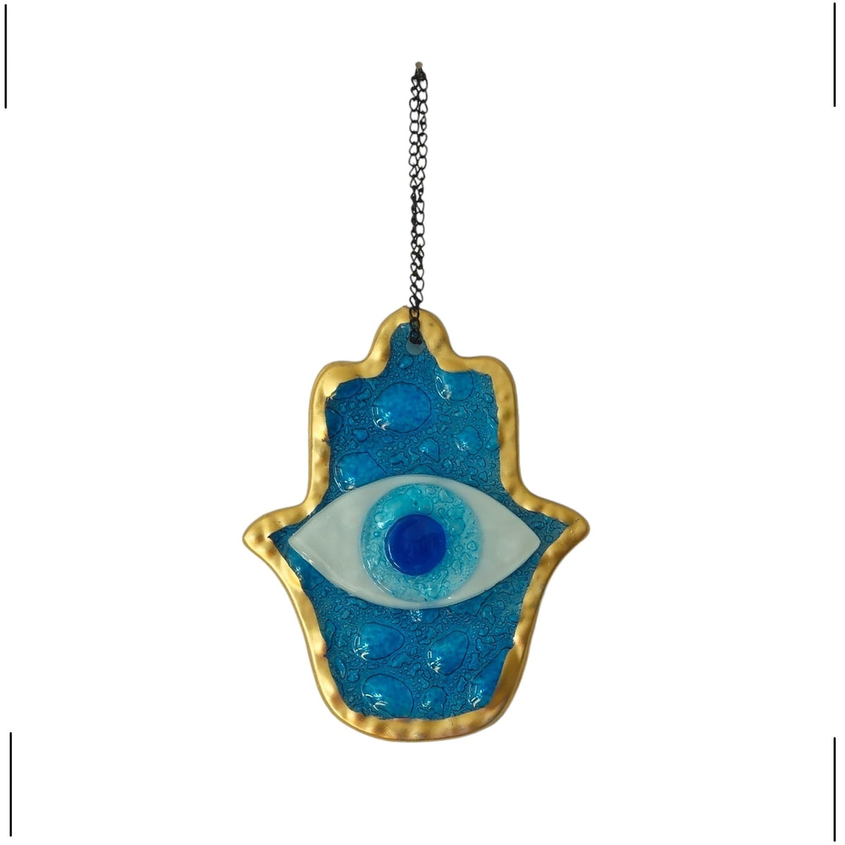MYSTIC JEWELS - Adorno de Pared Vidrio, Ojo Turco y Mano de Fátima, Azul, Marco Dorado, Tres Tamaños, para Buena Suerte (Mediano)