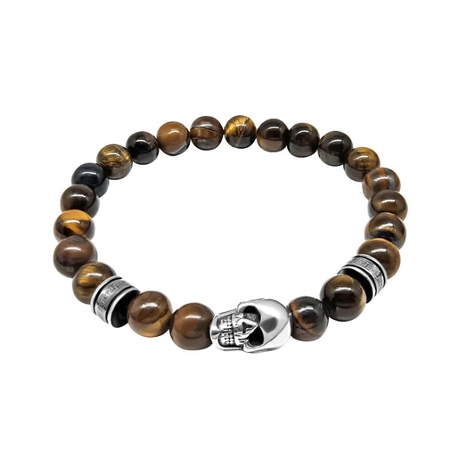MYSTIC JEWELS - Pulsera de Calavera Gótica - Elástica 21 cm, Cuentas de 8 mm (Ojo de Tigre/Ónix Negro Mate), Acero Inoxidable