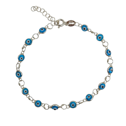 MYSTIC JEWELS - Pulsera de Plata de Ley 925 con Ojitos de la Buena Suerte, 14 Ojitos de 4 mm, con Extensión de Cadena