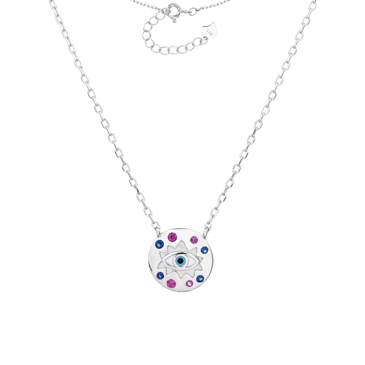 MYSTIC JEWELS – Pulsera Ojo Turco en Plata de Ley 925 con Circonitas Rosas y Azules – Colgante Redondo – 16+3 cm – Joya Minimalista