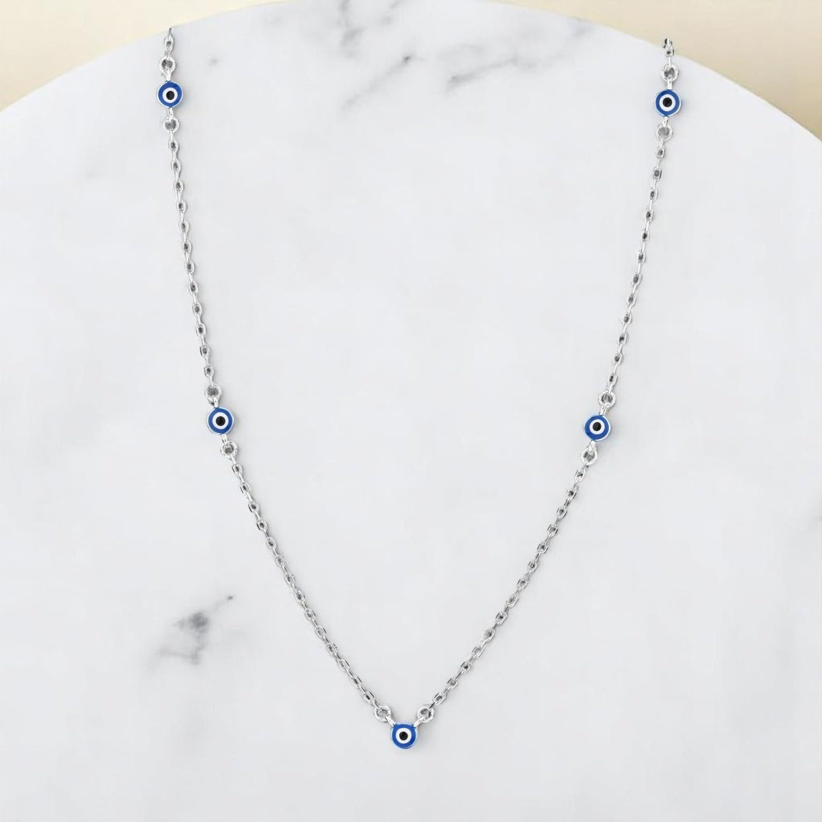 MYSTIC JEWELS – Collar de Plata de ley 925 con 5 Ojos Turcos Esmaltados Azul Marino – Diseño Minimalista 42 + 3 cm – Con Bolsita de Regalo
