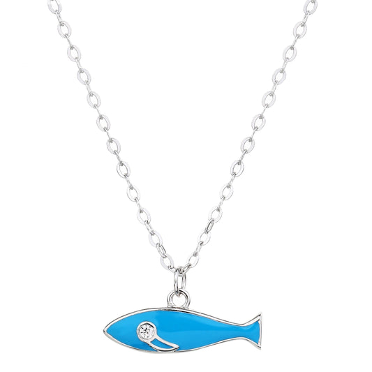 MYSTIC JEWELS – Collar de Mujer con Dije de Pez – Plata de Ley 925 con Acabado en Rodio – Esmalte Azul y Circonita – Diseño Minimalista