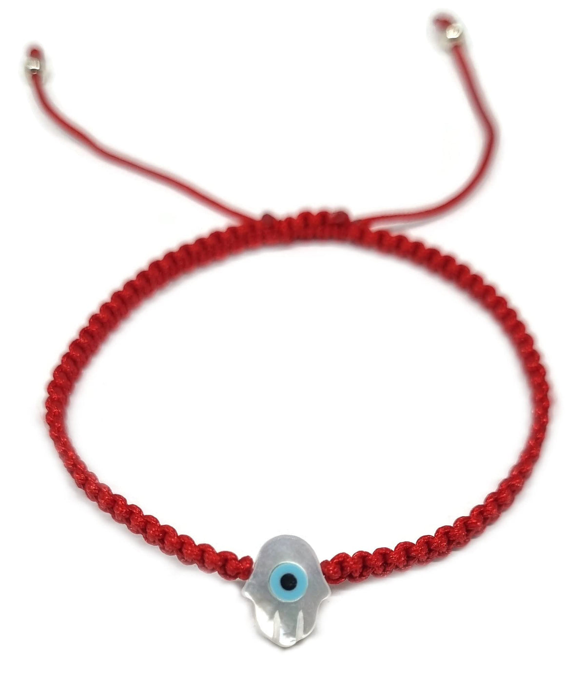 MYSTIC JEWELS By Dalia - Pulsera hilo de macrome Rojo con nácar y ojo turco, para buena suerte, protección Mal de Ojo, Good Luck (Mano - Rojo)