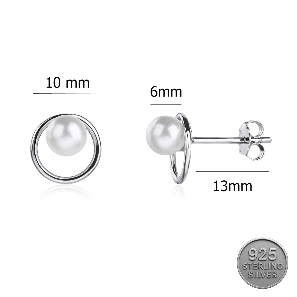 MYSTIC JEWELS - Pendientes de Plata de Ley 925, Diseño Circular con Perla, Studs Elegantes para Mujer, 10 mm