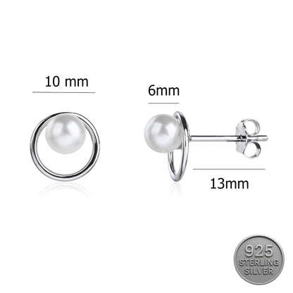 MYSTIC JEWELS - Pendientes de Plata de Ley 925, Diseño Circular con Perla, Studs Elegantes para Mujer, 10 mm