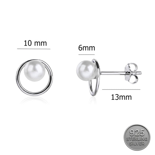 MYSTIC JEWELS - Pendientes de Plata de Ley 925, Diseño Circular con Perla, Studs Elegantes para Mujer, 10 mm